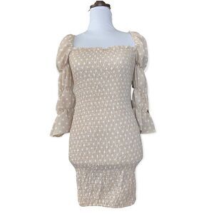 NWT REVERSE women’s tan polka dot smocked dress with puffy sleeves sz M